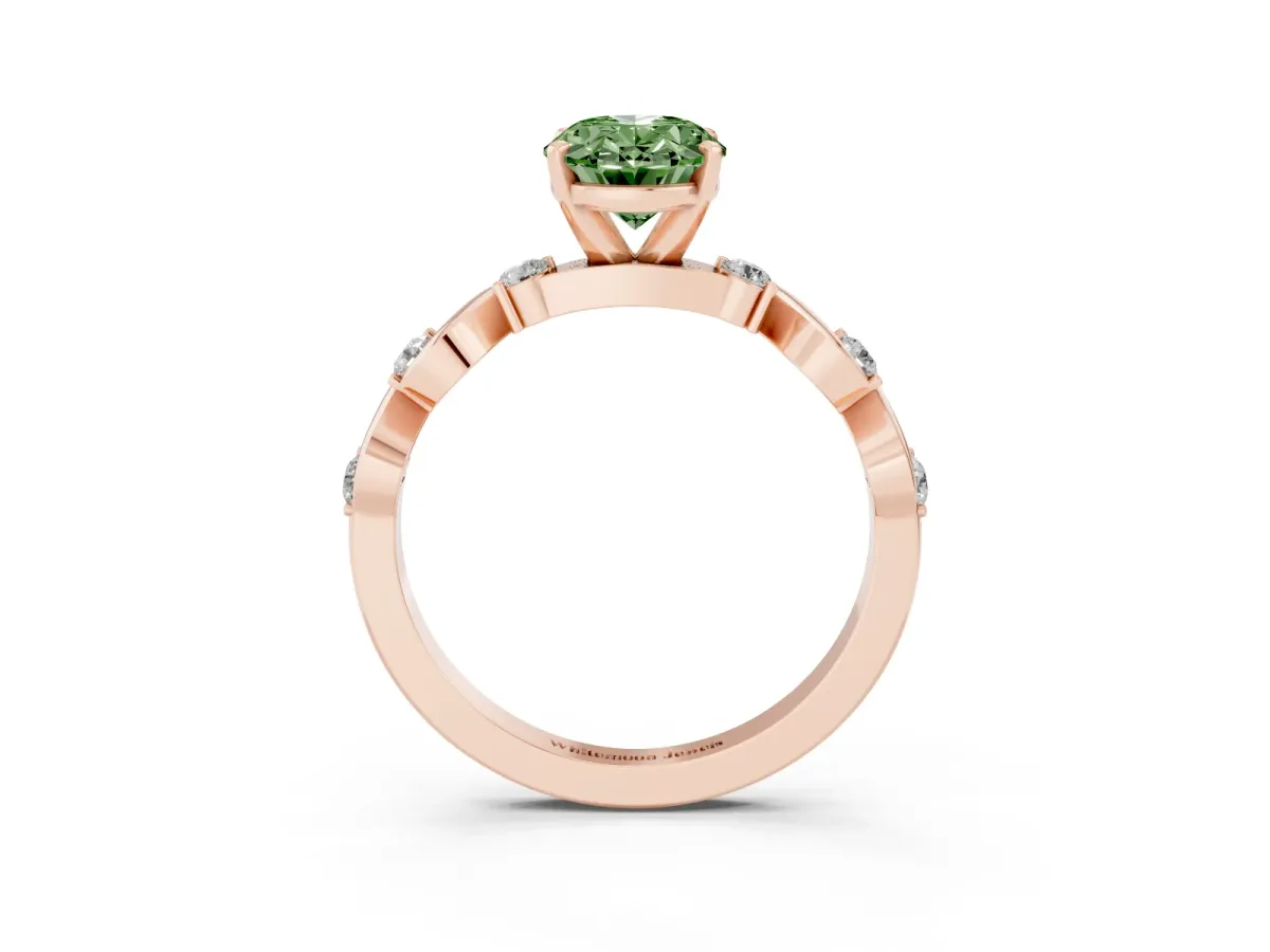 Fancy Green Oval Cut Diamond Solitaire Twisted Band with Round Accents and Prong Setting Rose gold