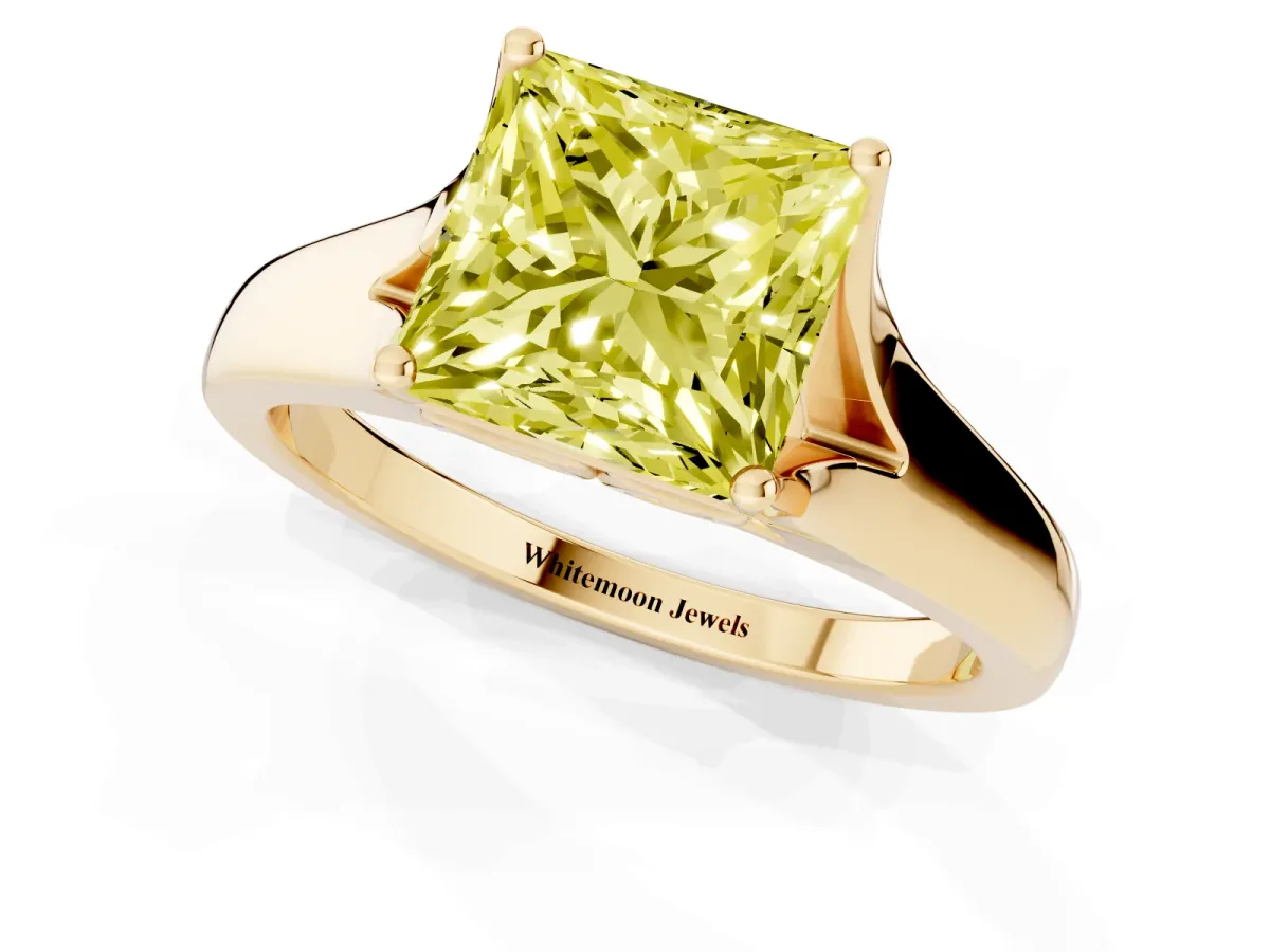 Fancy Yellow Princess Cut Solitaire Diamond Ring with Cathedral Band and Four-Prong Setting Yellow gold
