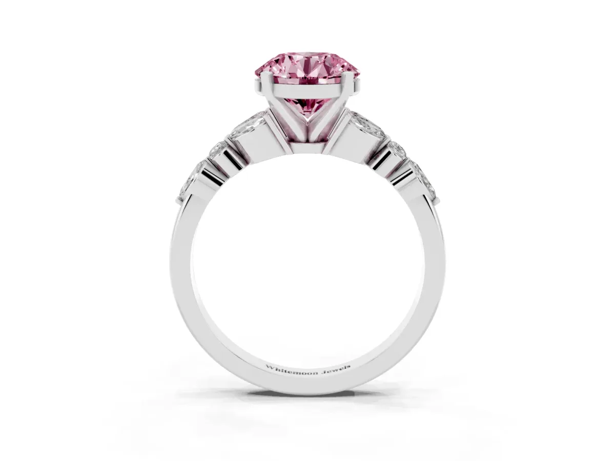 Fancy Pink Round Cut Diamond Solitaire Ring with Side Stones and Four-Prong Setting Platinum