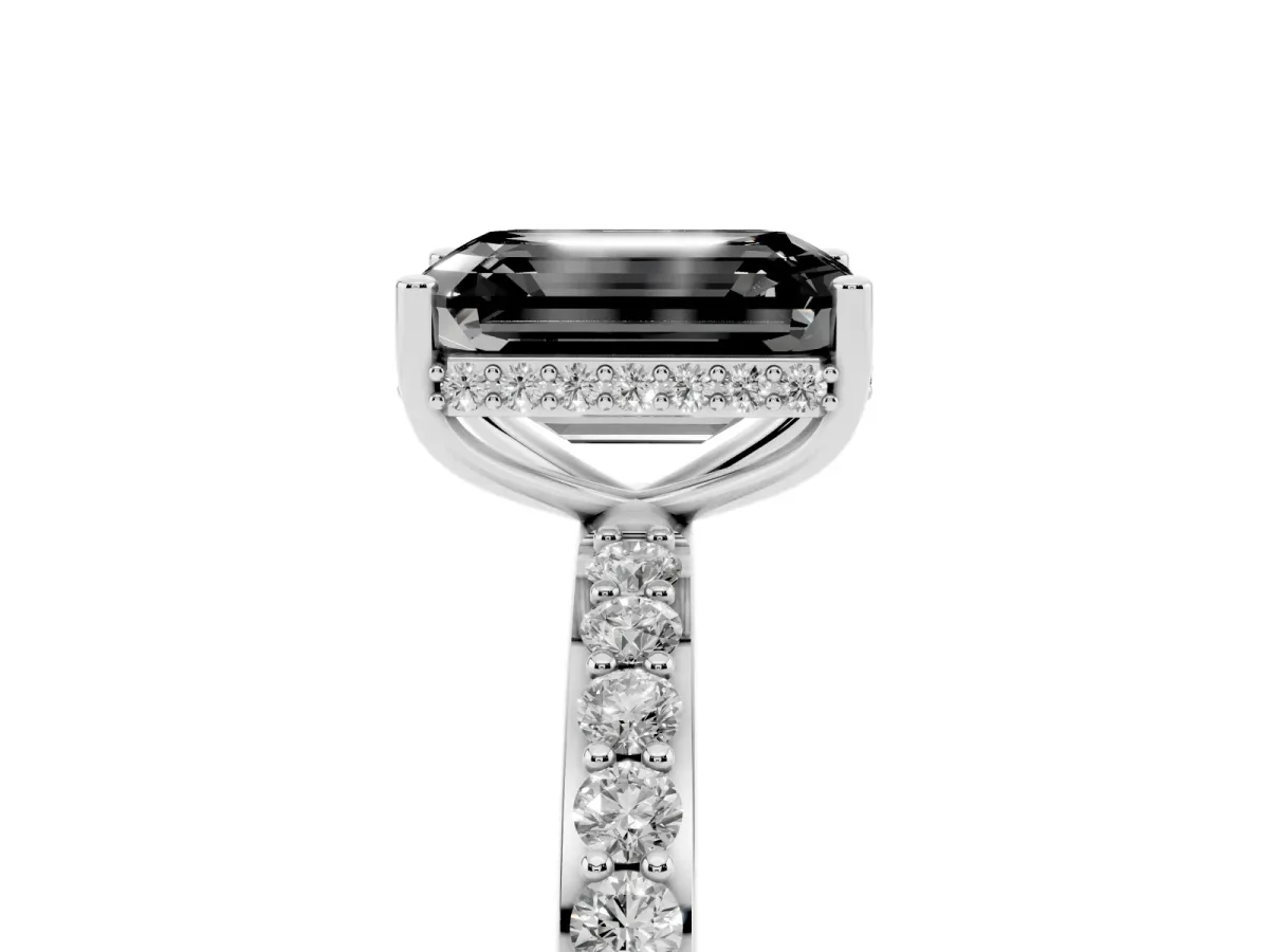 Fancy Black Emerald Cut Diamond Solitaire Ring with Pavé Band and Hidden Halo Silver