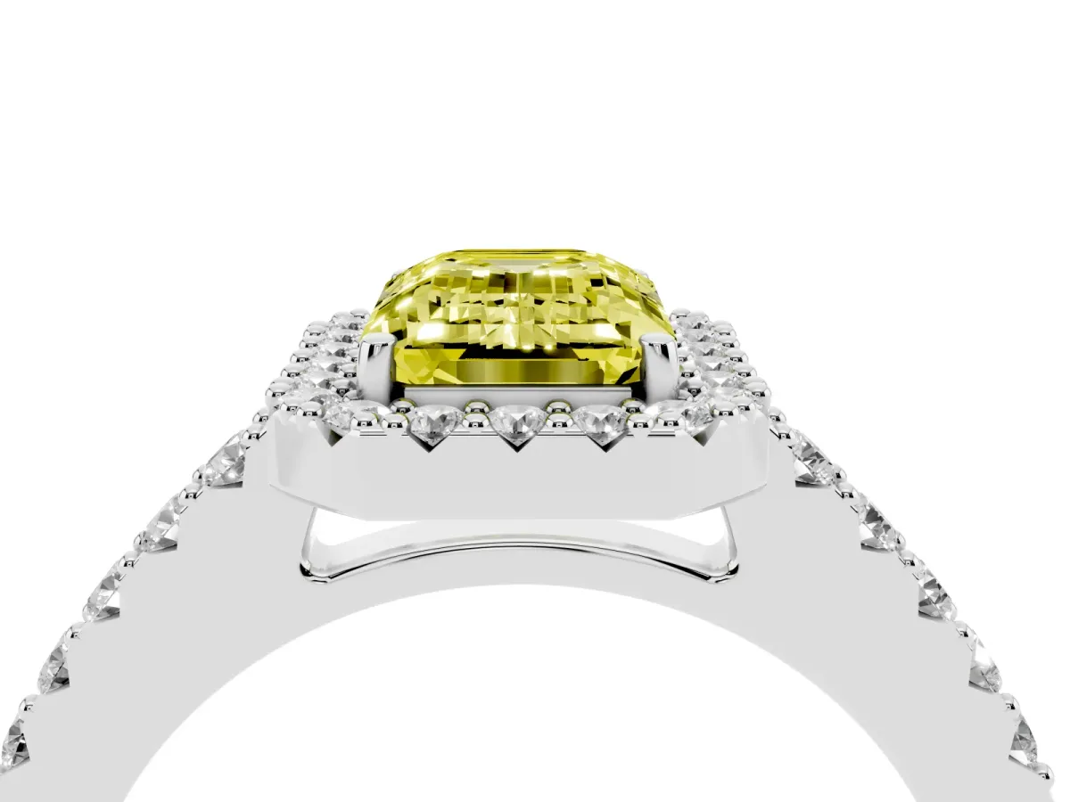 Fancy Yellow Emerald Cut Halo Diamond Pavé Solitaire Ring Silver