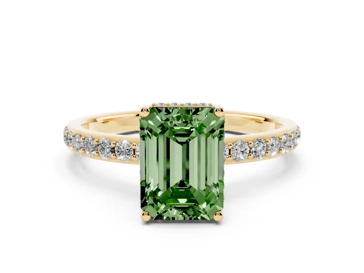 Fancy Green Emerald Cut Diamond Solitaire Ring with Pavé Band and Hidden Halo Yellow gold