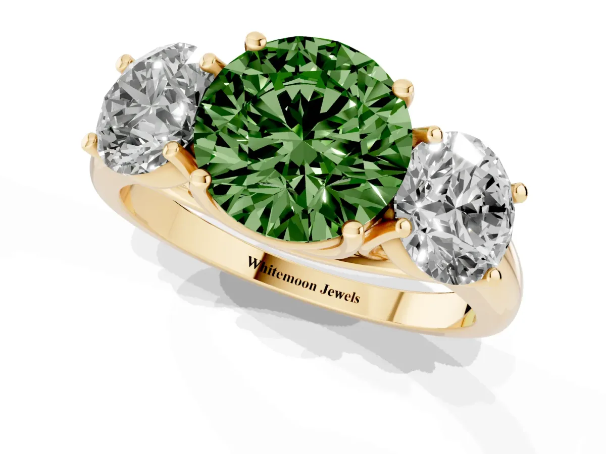 Fancy Green Three-Stone Round Cut Diamond Engagement Ring with Prong Setting Yellow gold