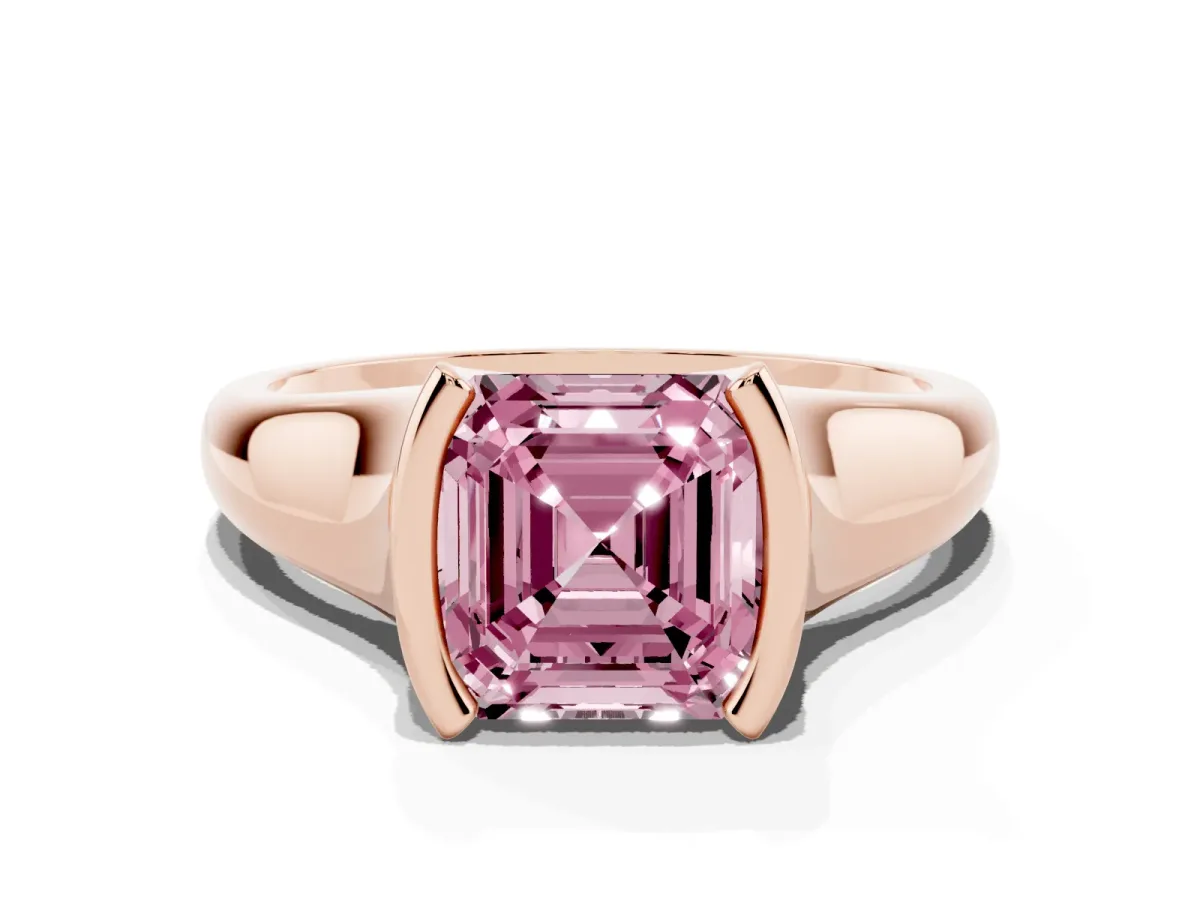 Fancy Pink Asscher Cut Solitaire Tension Set Diamond Ring with Split Shank Band Rose gold