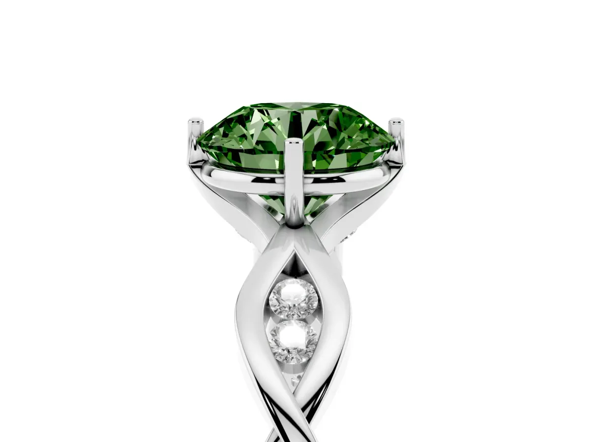 Fancy Green Round Cut Solitaire Twist Band with Leaf Prong Setting Platinum
