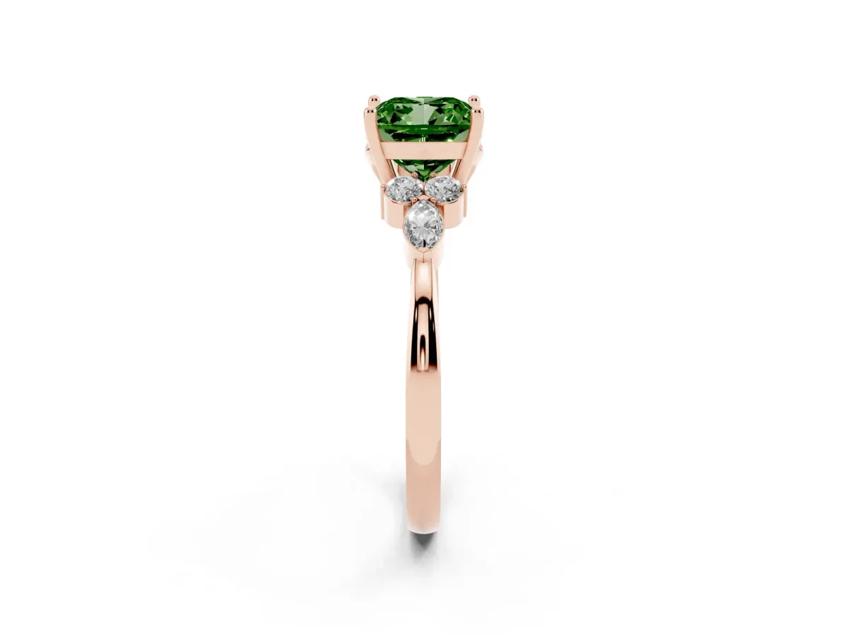 Fancy Green Cushion Cut Brilliant Diamond Solitaire Ring with Pear Side Stones and Four-Prong Setting Rose gold