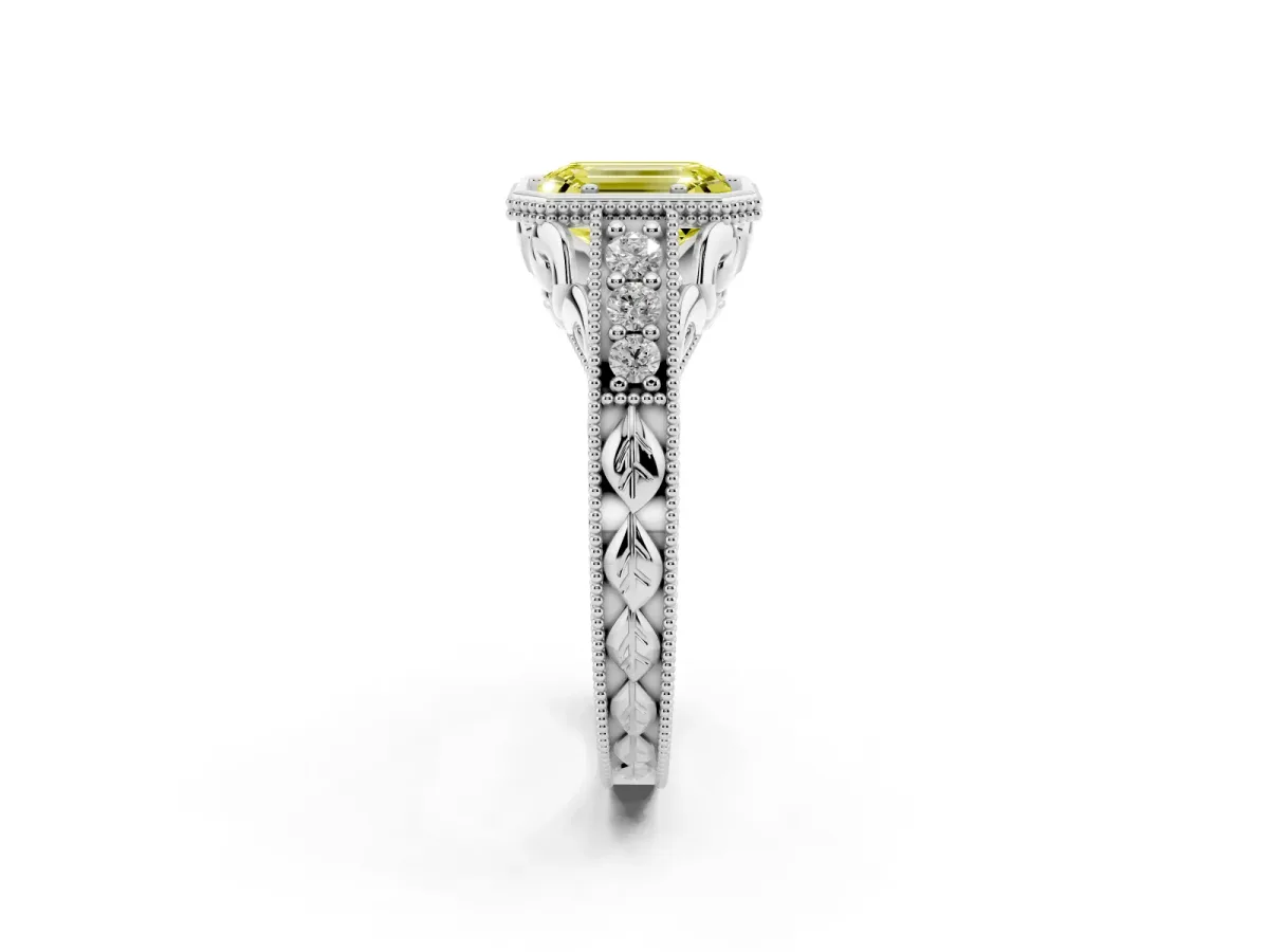 Fancy Yellow Bezel Set Emerald Cut Diamond Milgrain Pave Engagement Ring Silver