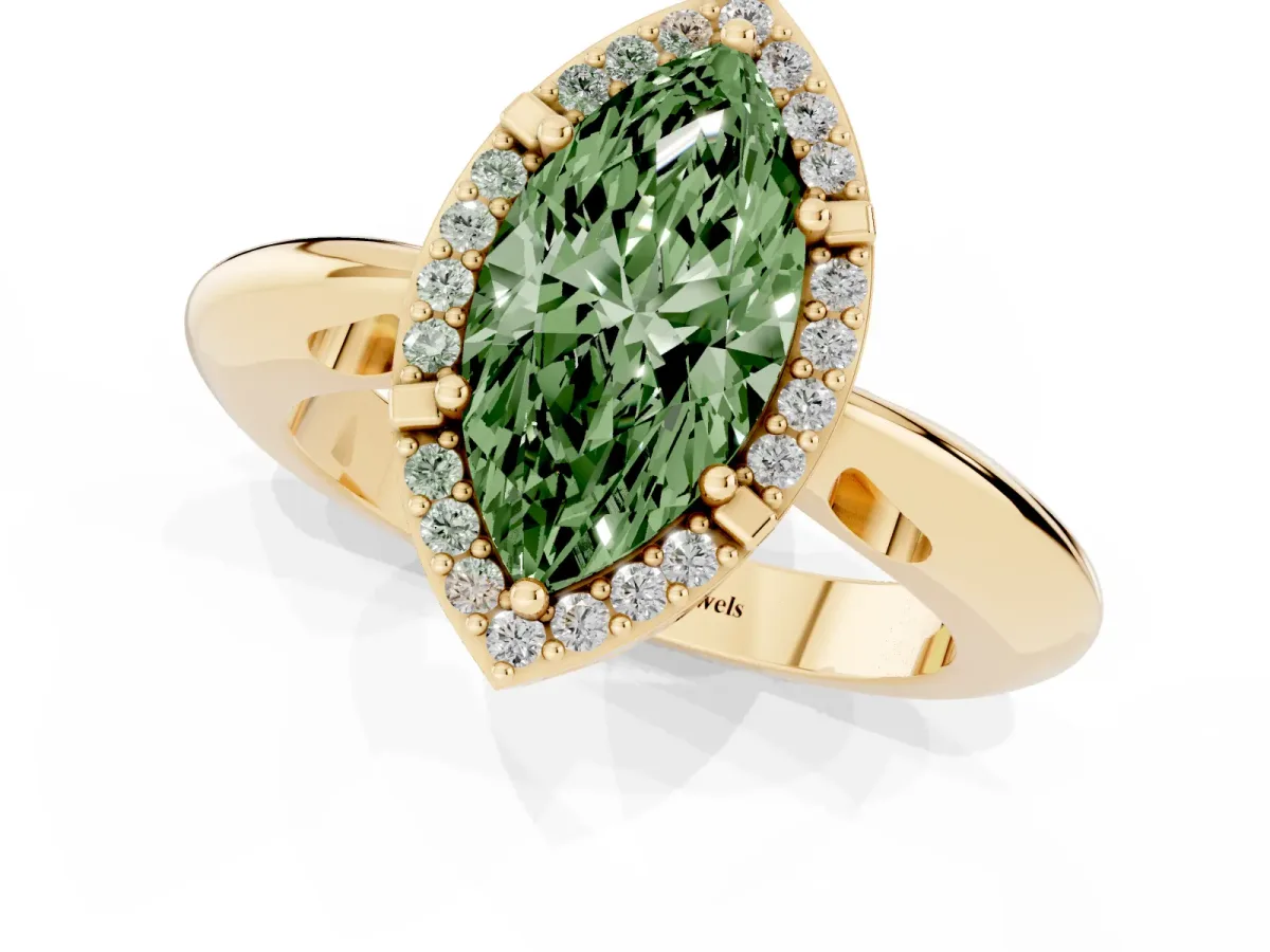 Fancy Green Marquise Cut Cut Diamond Halo Engagement Ring with Split Shank and Four-Prong Setting Yellow gold