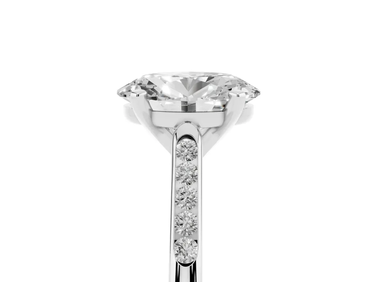 Oval Cut Diamond Solitaire Ring with Channel Set Round Band and Prong Setting Silver