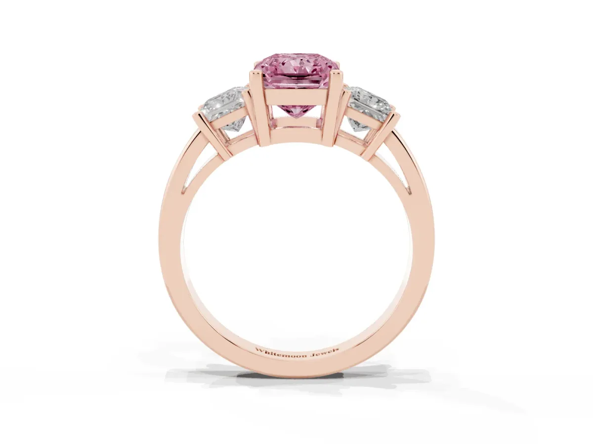 Fancy Pink Three-Stone Radiant Cut Cut Solitaire Ring with Prong Setting Rose gold