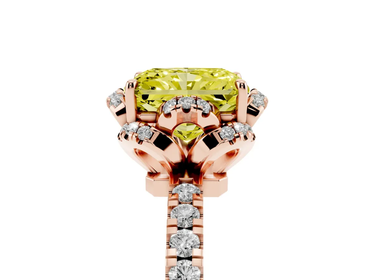 Fancy Yellow Radiant Cut Diamond Halo Pave Band with Four-Prong Setting Rose gold