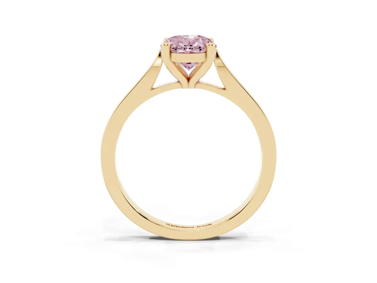 Fancy Pink Oval Cut Solitaire Diamond Ring with Four-Prong Setting and Tapered Band Yellow gold