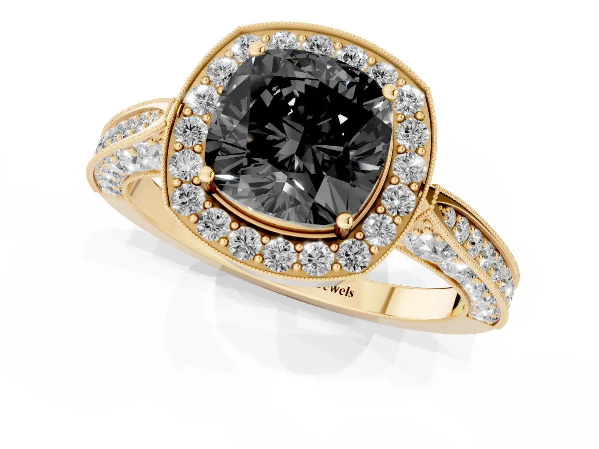Fancy Black Cushion Cut Halo Diamond Engagement Ring with Split Shank Band and Four-Prong Setting Yellow gold
