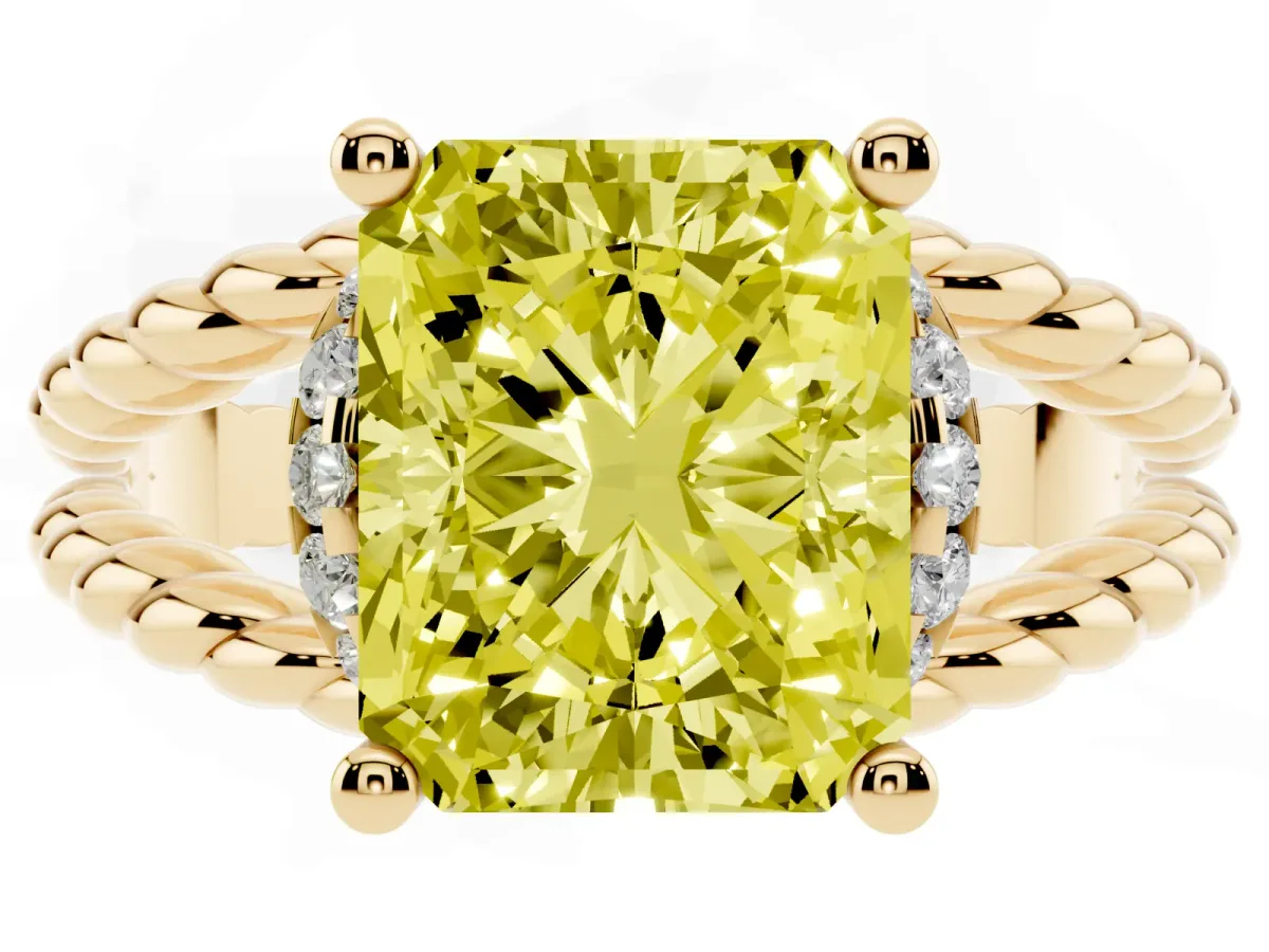 Fancy Yellow Radiant Cut Halo Twisted Band Four-Prong Ring Yellow gold