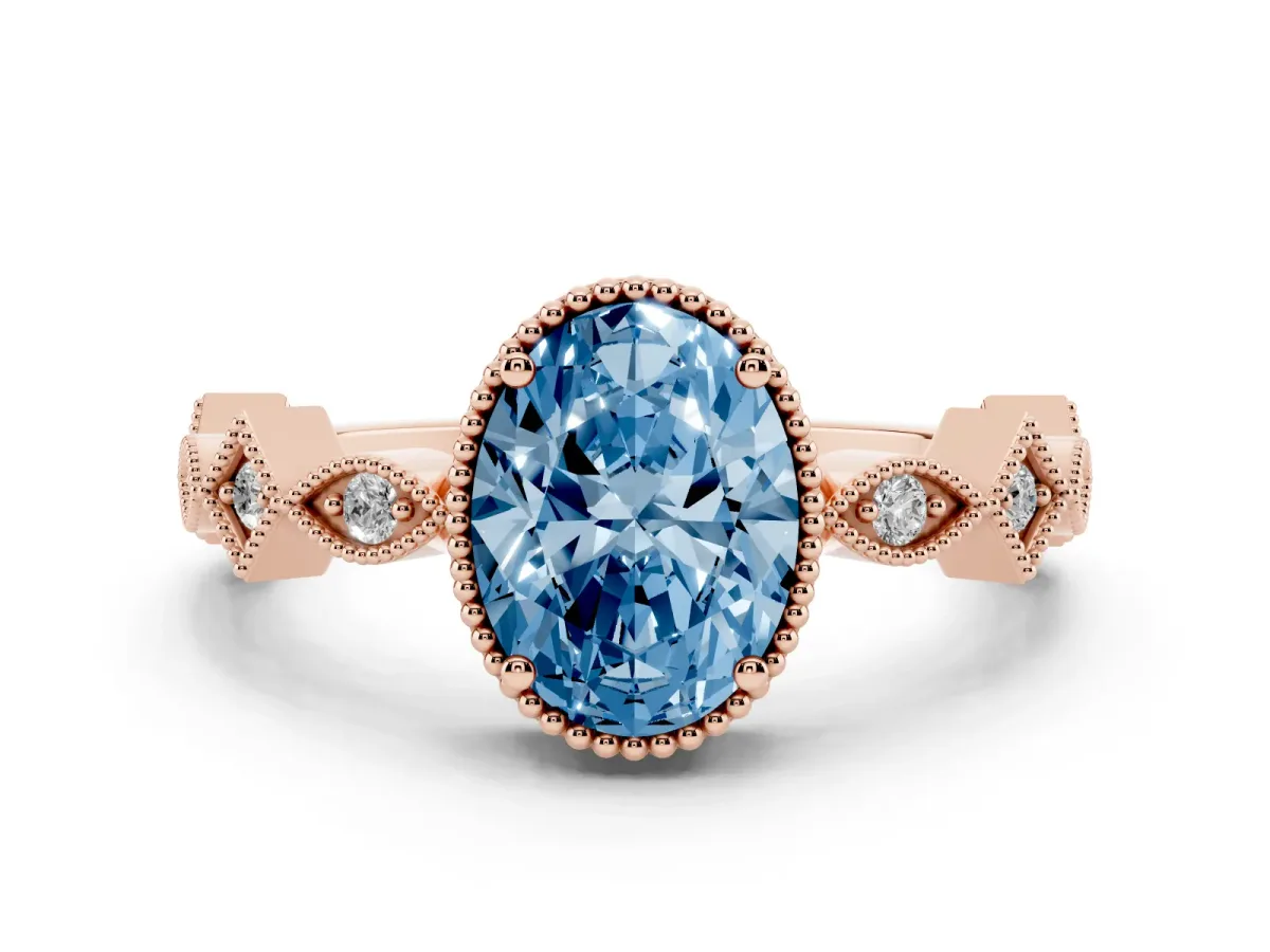 Fancy Blue Oval Cut Milgrain Marquise Diamond Twist Band Ring Rose gold
