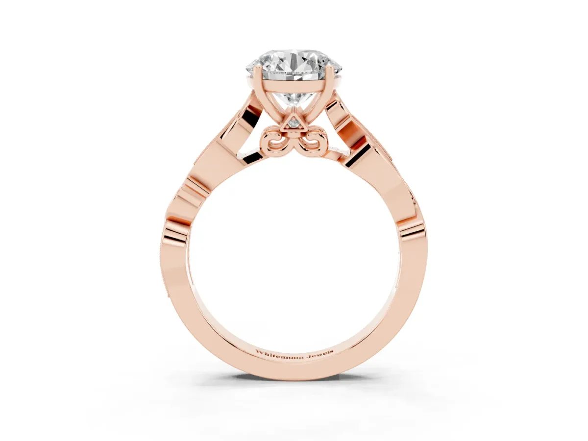 Round Cut Solitaire Vine Band with Milgrain Prong Setting Rose gold