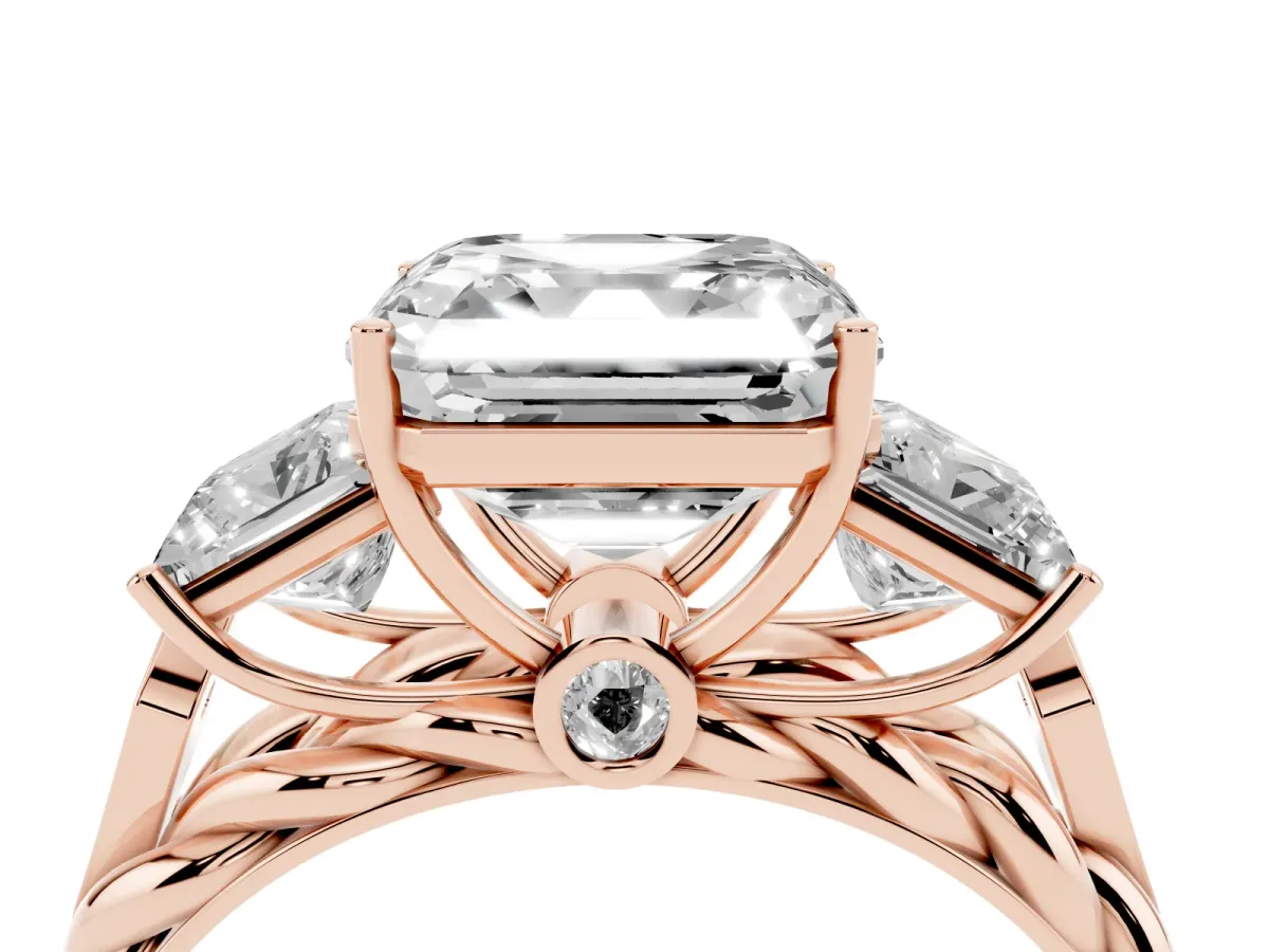 Three-Stone Asscher Cut Diamond Braided Band Ring with Four-Prong Setting Rose gold