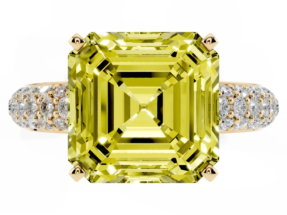 Fancy Yellow Asscher Cut Diamond Solitaire Ring with Prong Setting and Pavé Band Yellow gold