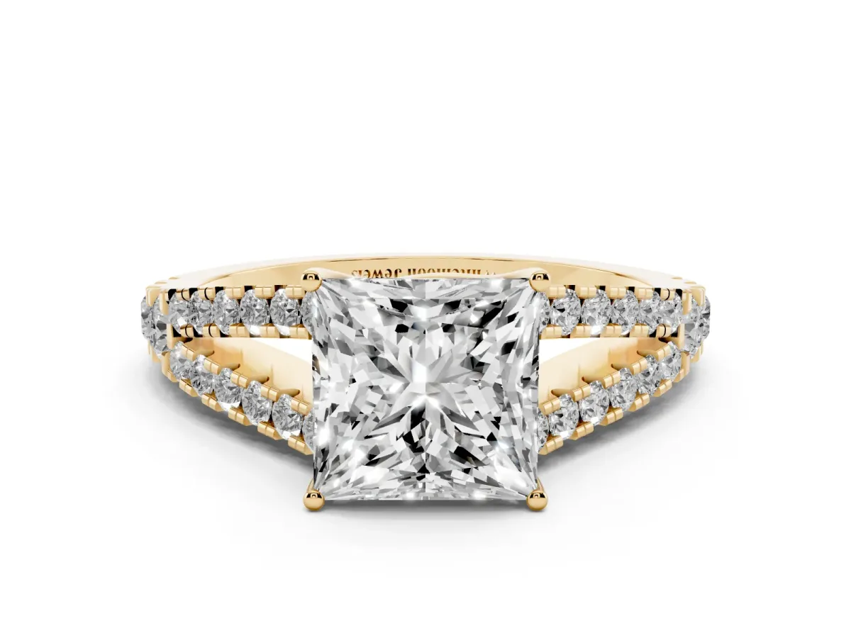 Princess Cut Diamond Split Shank Pavé Engagement Ring with Four-Prong Setting Yellow gold