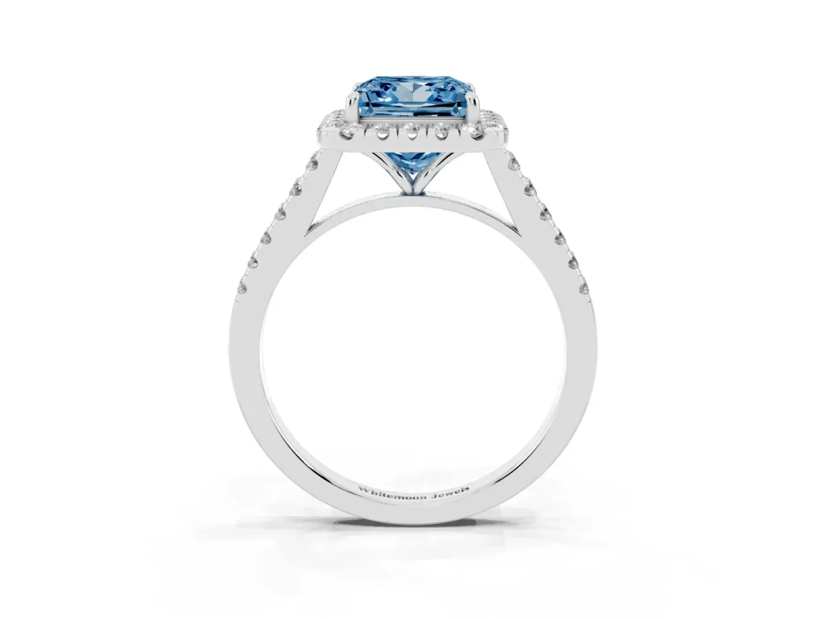 Fancy Blue Princess Cut Halo Pave Diamond Engagement Ring with Four-Prong Setting Platinum