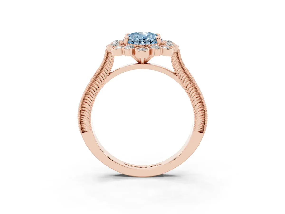 Fancy Blue Oval Cut Halo Milgrain Pave Diamond Ring with Four-Prong Setting Rose gold