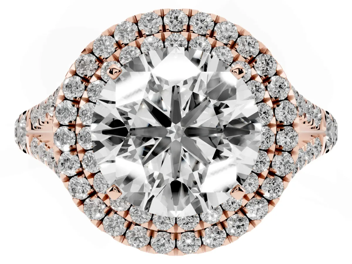 Round Cut Diamond Pavé Split Shank Double Halo Engagement Ring Rose gold