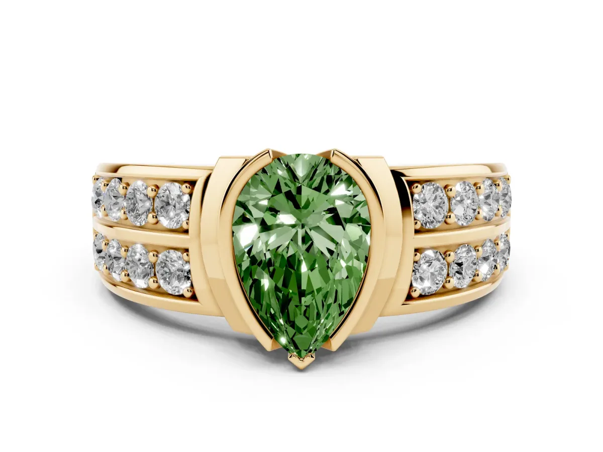 Fancy Green Pear Cut Brilliant Diamond Channel Set Wide Band Ring with Bezel Setting Yellow gold