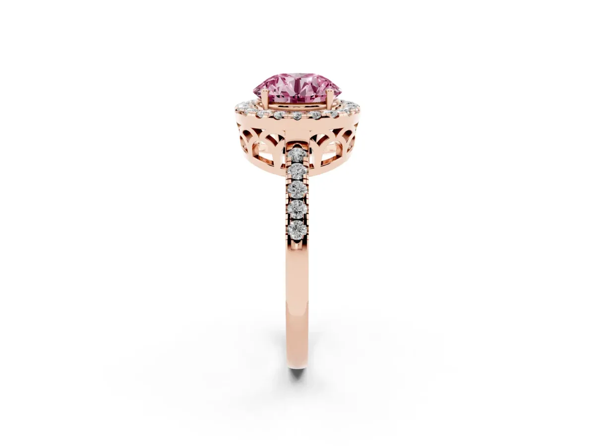 Fancy Pink Round Cut Halo Diamond Engagement Ring with Pavé Band and Four-Prong Setting Rose gold