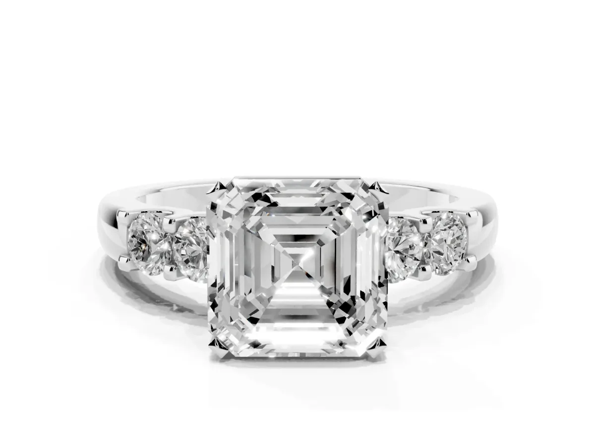Asscher Cut Brilliant Cut Diamond Five-Stone Prong Set Engagement Ring with Channel Band Silver