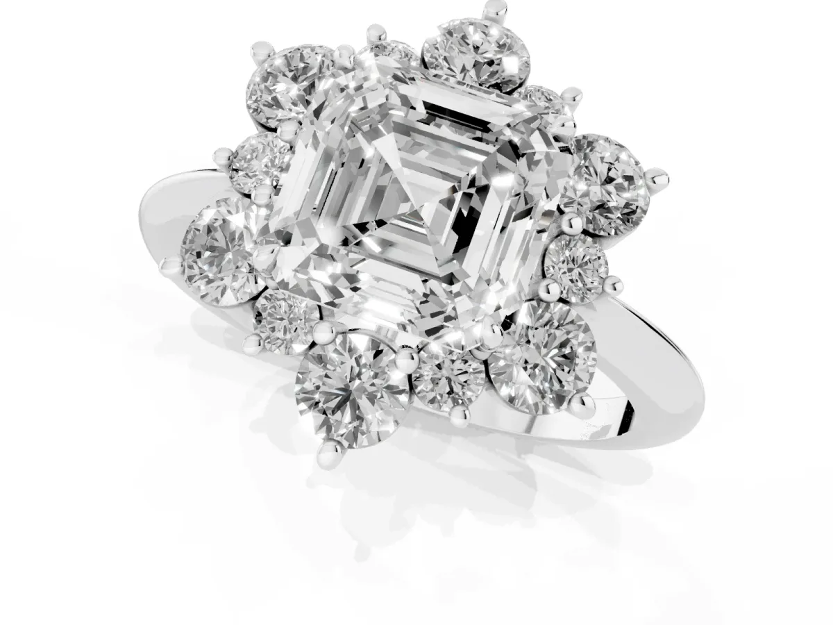 Asscher Cut Diamond Cluster Halo Ring with Solitaire Band and Four-Prong Setting Platinum