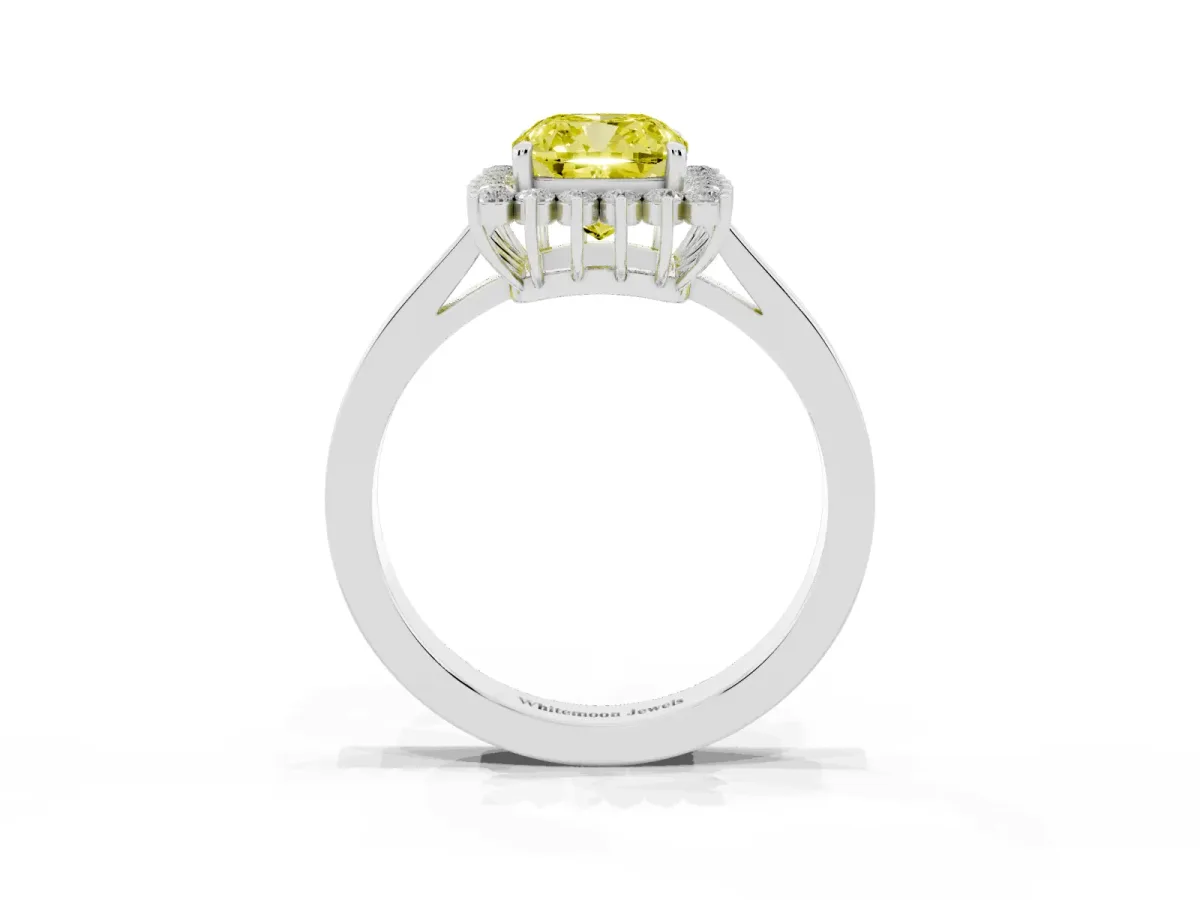 Fancy Yellow Cushion Cut Cut Diamond Halo Ring with Round Brilliant Halo and Solitaire Band Silver