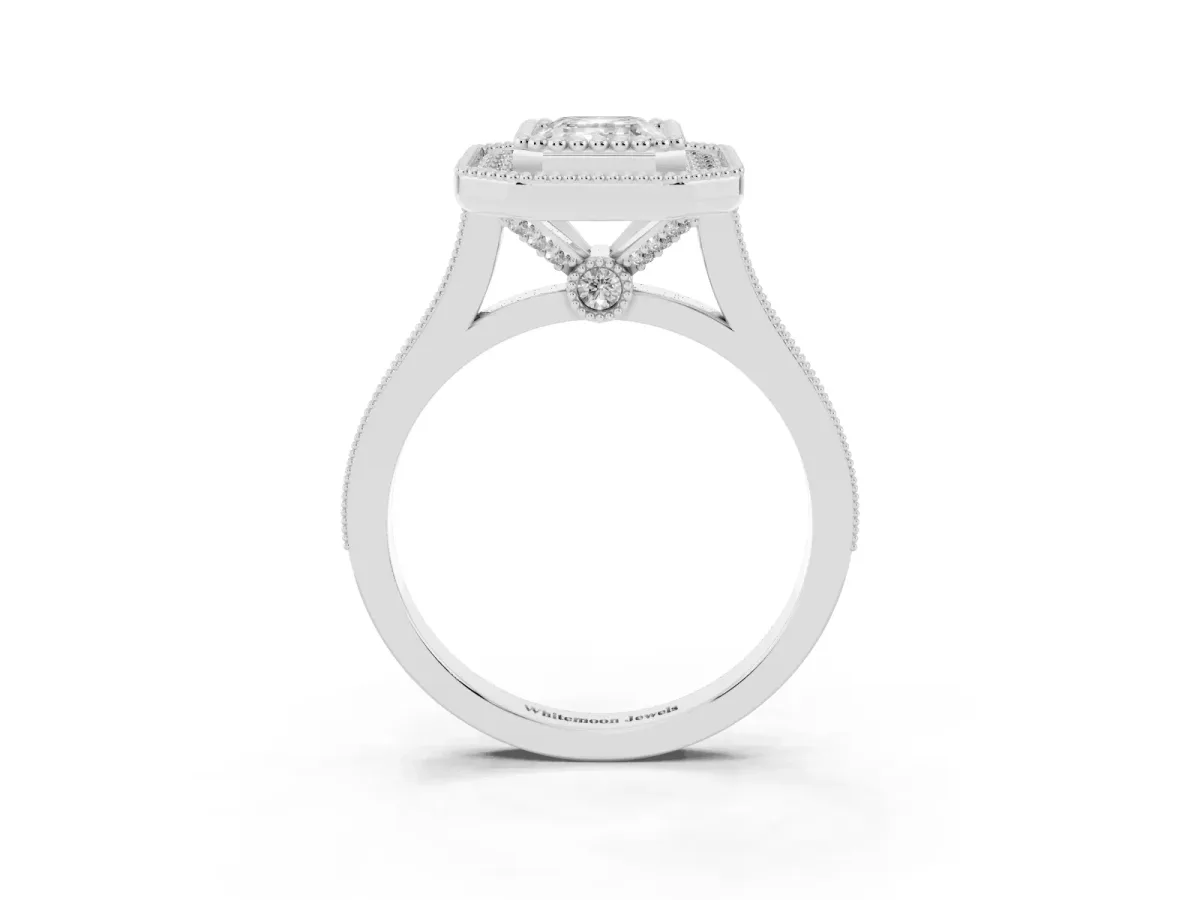Emerald Cut Diamond Halo Ring with Milgrain Frame and Pavé Band Silver