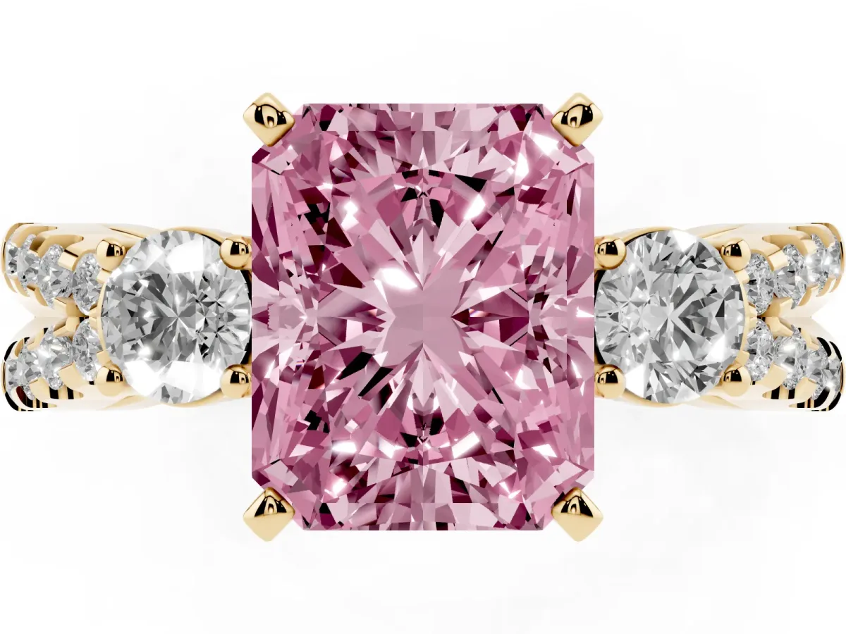 Fancy Pink Radiant Cut Diamond Three-Stone Ring with Pavé Split Shank and Four-Prong Setting Yellow gold