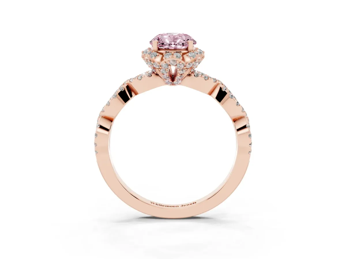 Fancy Pink Oval Cut Halo Twist Band Solitaire Ring with Six-Prong Setting Rose gold