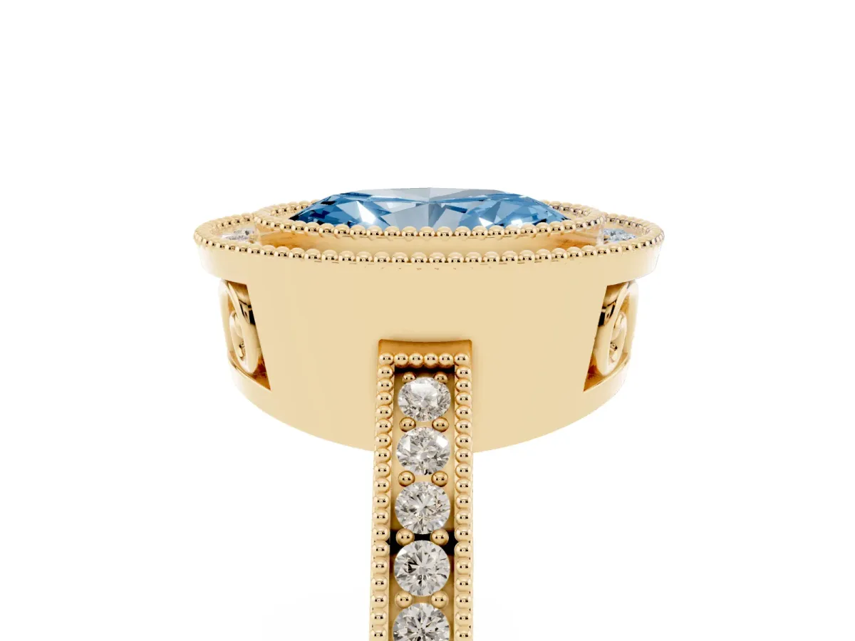 Fancy Blue Oval Cut Cut Halo Diamond Ring with Pavé Band and Milgrain Prong Setting Yellow gold