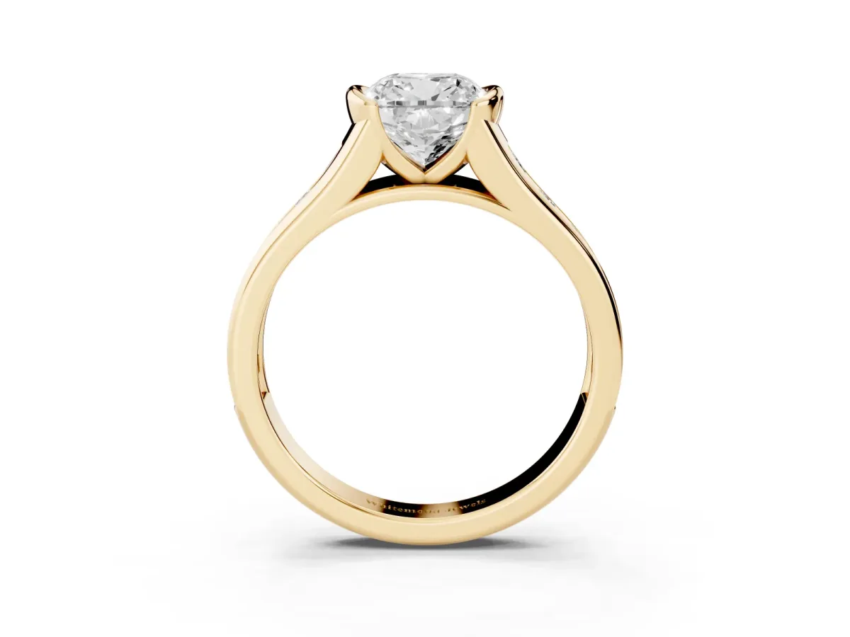Cushion Cut Solitaire Bezel-Set Diamond Ring with Channel-Set Band Yellow gold