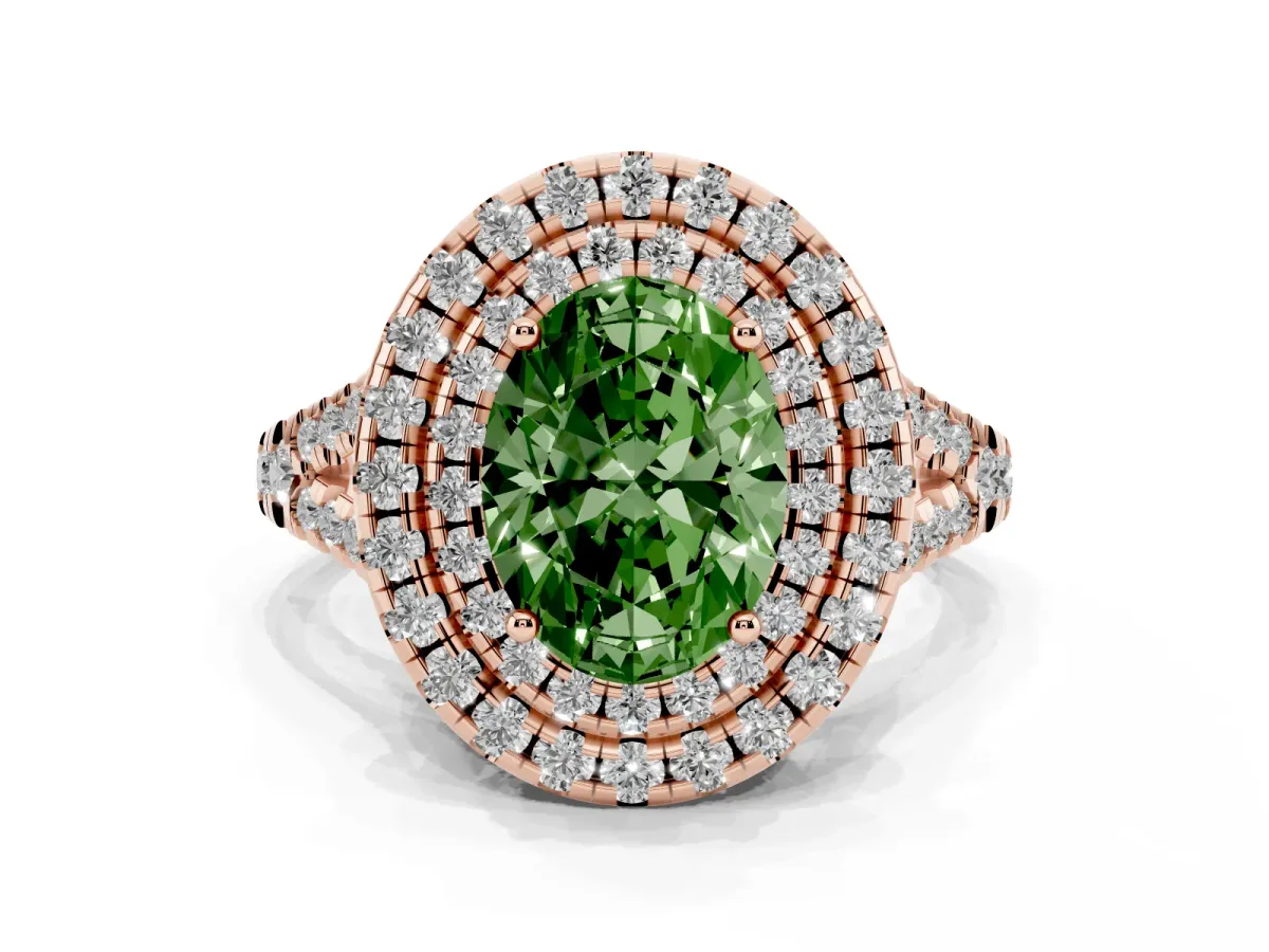Fancy Green Double Halo Oval Cut Diamond Pavé Split Shank Ring with Prong Setting Rose gold