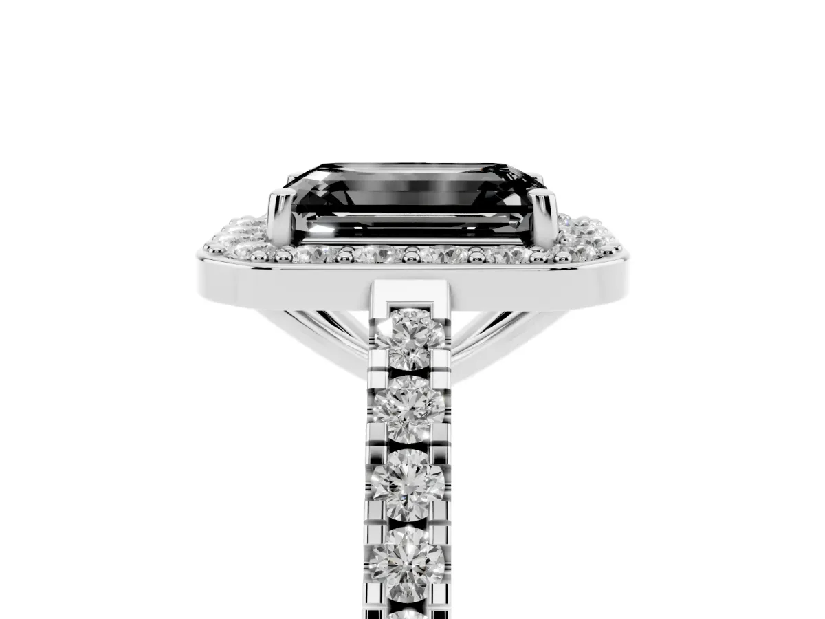 Fancy Black Emerald Cut Diamond Halo Ring with Round Pavé Split Shank and Prong Setting Platinum
