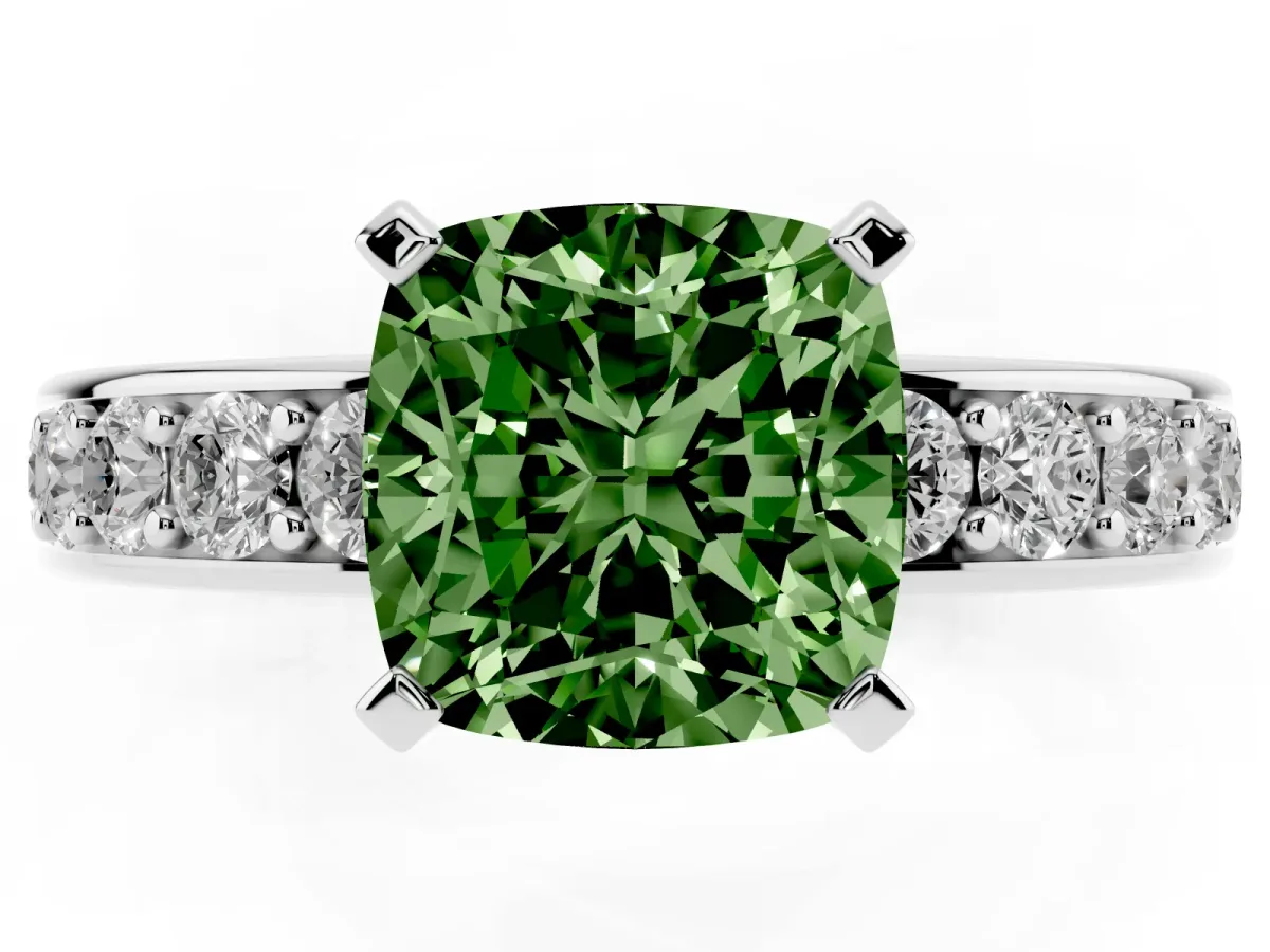 Fancy Green Cushion Cut Diamond Engagement Ring with Channel Set Round Band and Prong Setting Silver