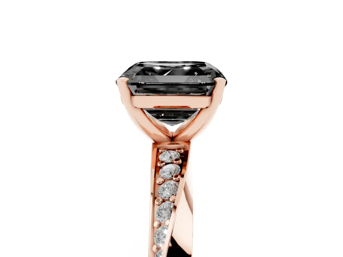 Fancy Black Asscher Cut Diamond Engagement Ring with Side Stone Accents and Four-Prong Setting Rose gold