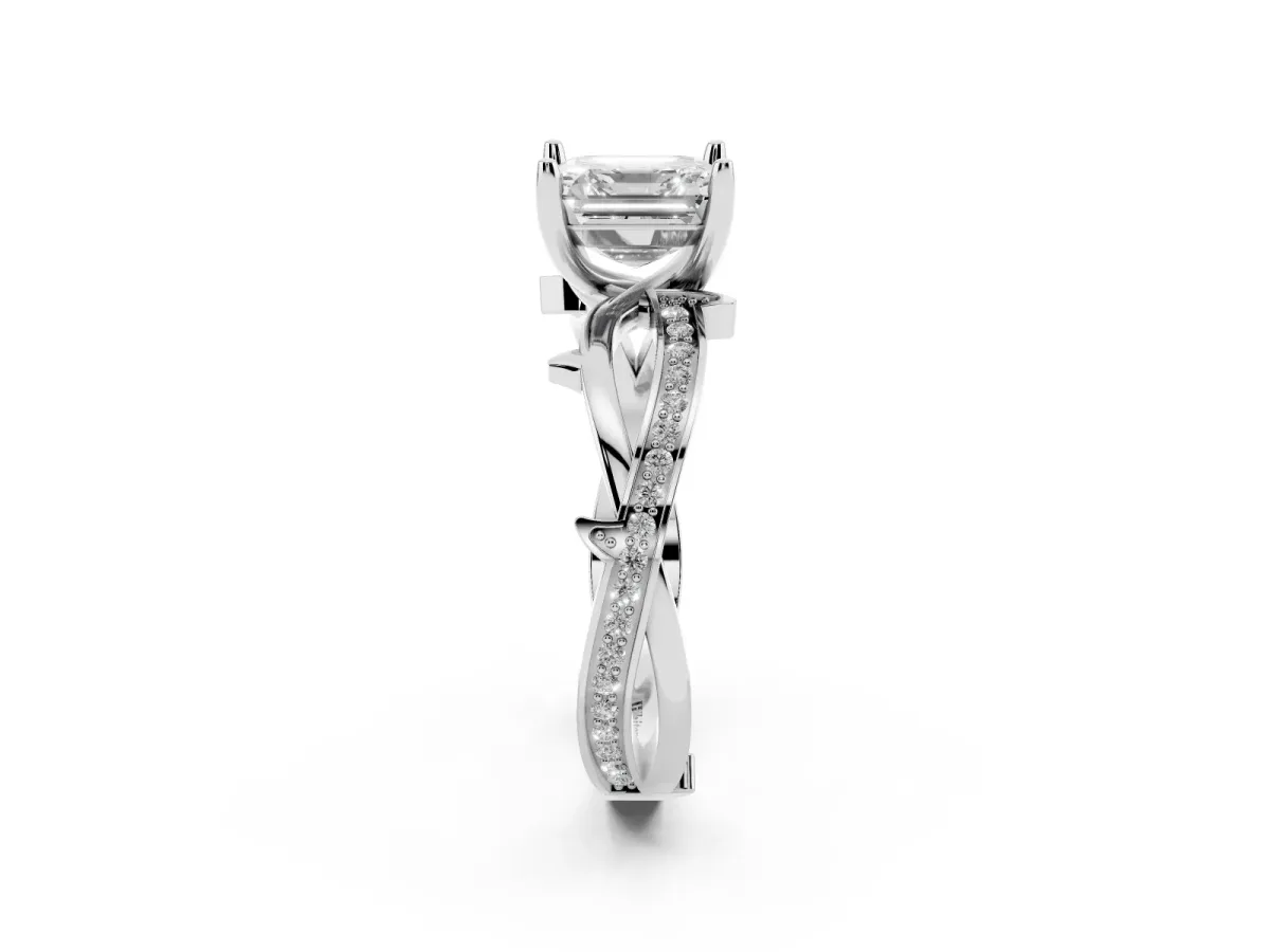 Asscher Cut Solitaire Twist Band with Pavé Accents and Four-Prong Setting White gold