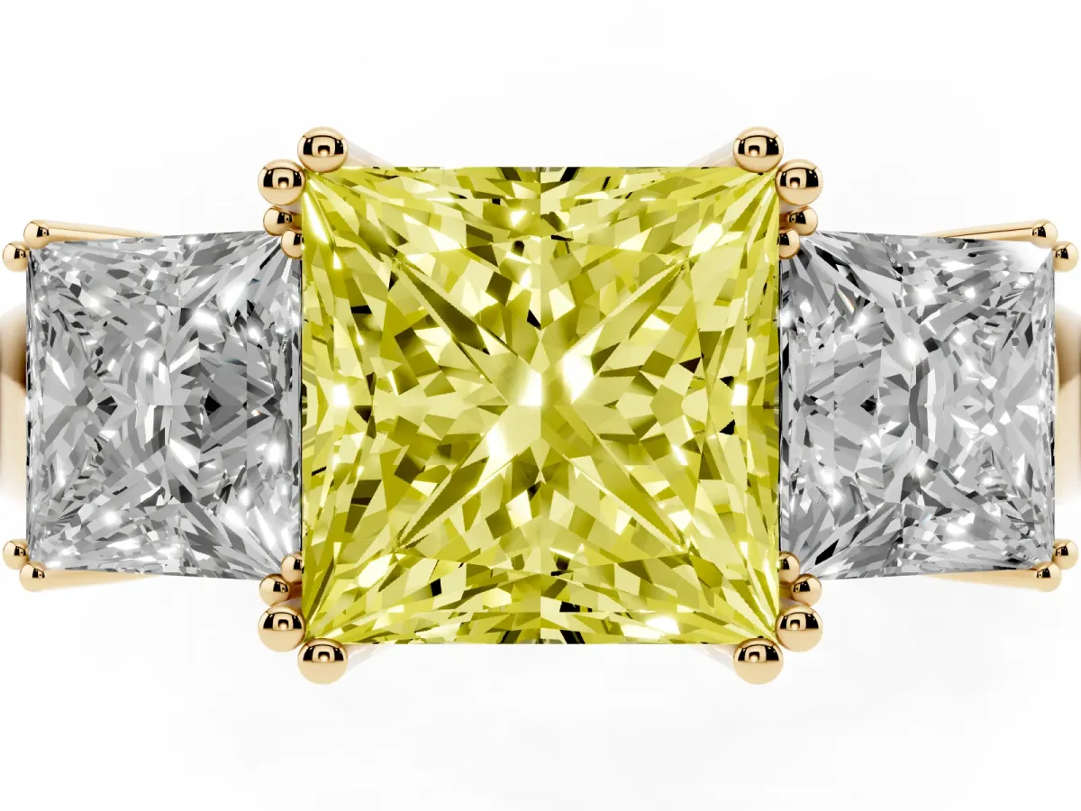 Fancy Yellow Three-Stone Princess Cut Cut Diamond Ring with Channel Set Band and Four-Prong Setting Yellow gold