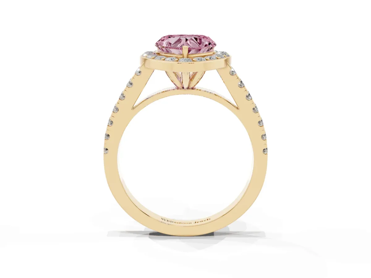 Fancy Pink Heart Cut Diamond Halo Ring with Round Pavé Split Shank and Prong Setting Yellow gold