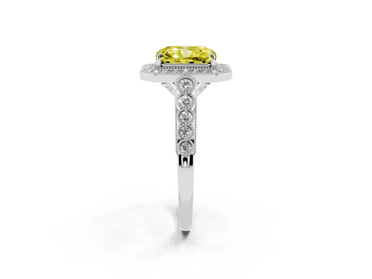 Fancy Yellow Radiant Cut Halo Milgrain Solitaire with Bezel Set Side Stones and Pave Band Platinum