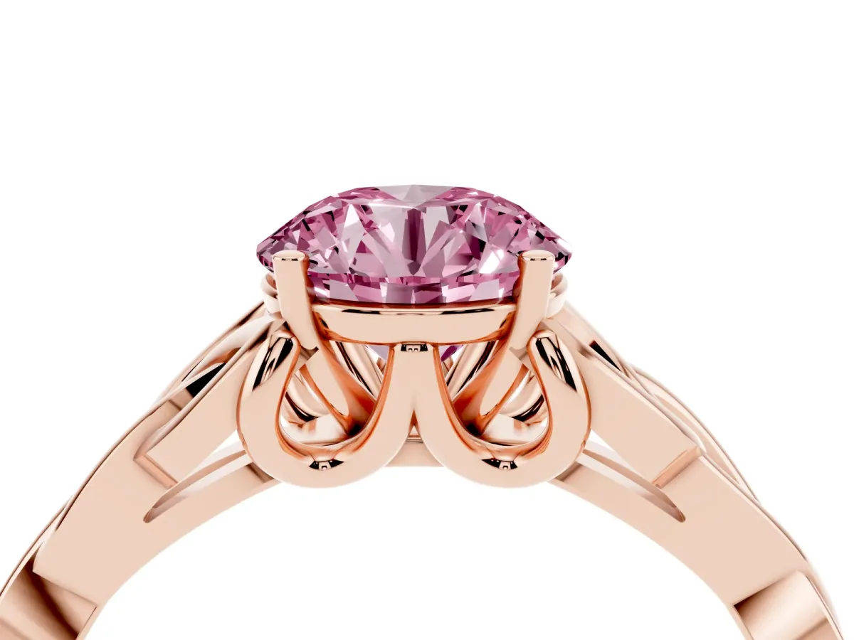 Fancy Pink Round Cut Diamond Solitaire Engagement Ring with Celtic Knot Band and Four-Prong Setting Rose gold
