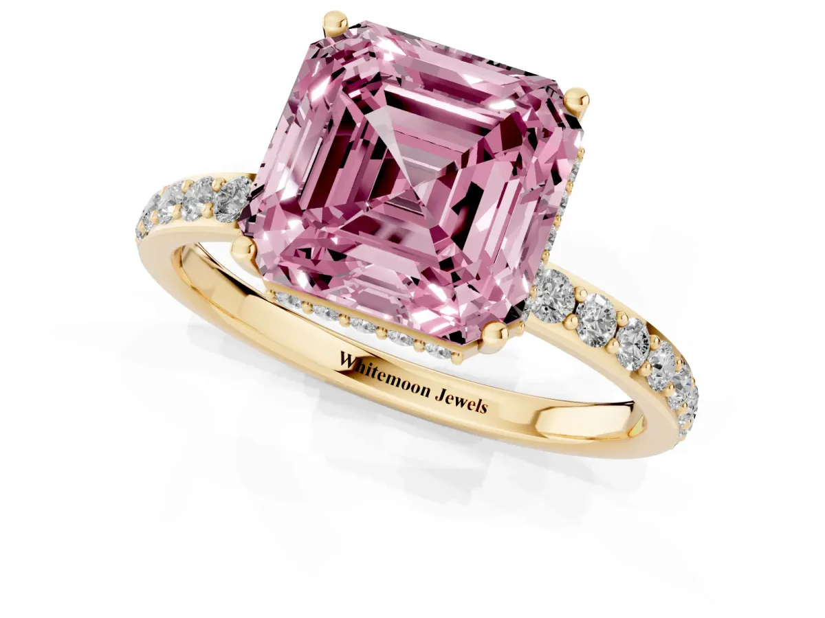 Fancy Pink Asscher Cut Diamond Solitaire Ring with Pavé Band and Hidden Halo Yellow gold