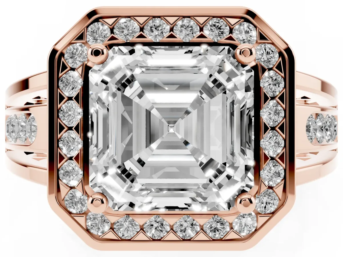 Asscher Cut Diamond Halo Ring with Split Shank and Bezel Accents and Prong Setting Rose gold