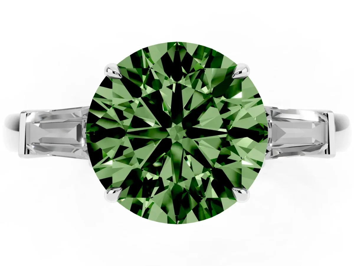 Fancy Green Round Cut Diamond Three-Stone Ring with Tapered Baguette Side Stones and Prong Setting Silver