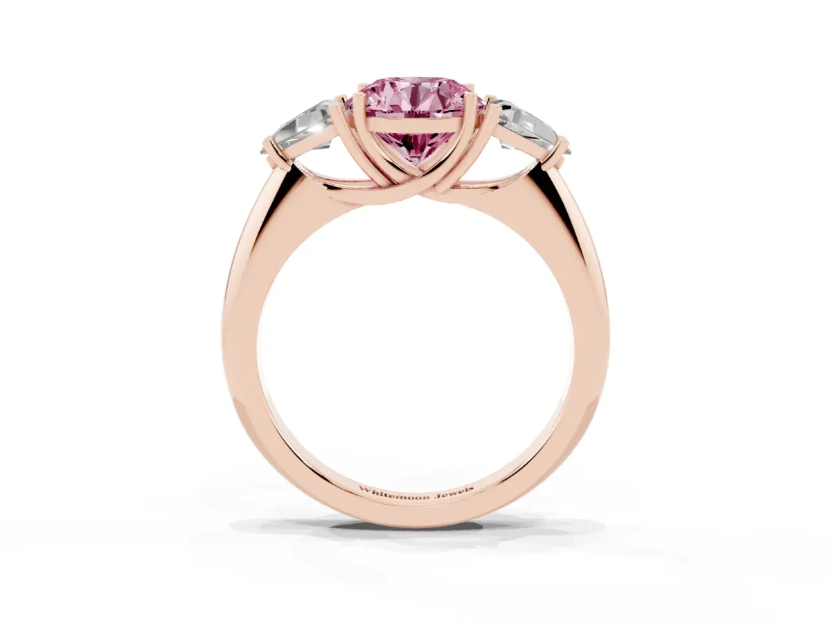 Fancy Pink Three-Stone Round Cut Diamond Engagement Ring with Trillion Side Stones and Prong Setting Rose gold