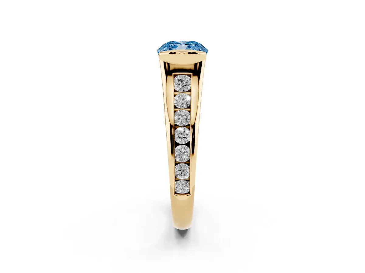 Fancy Blue Cushion Cut Solitaire Bezel-Set Diamond Ring with Channel-Set Band Yellow gold